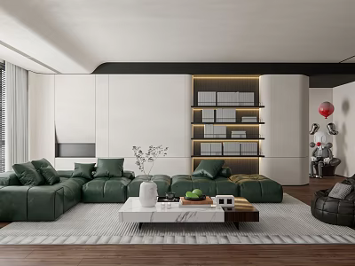 Modern Living Room Interior Design With Green Sofa Marble Coffee Table And Bookshelf 3d model
