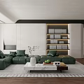 Modern Living Room Interior Design With Green Sofa Marble Coffee Table And Bookshelf