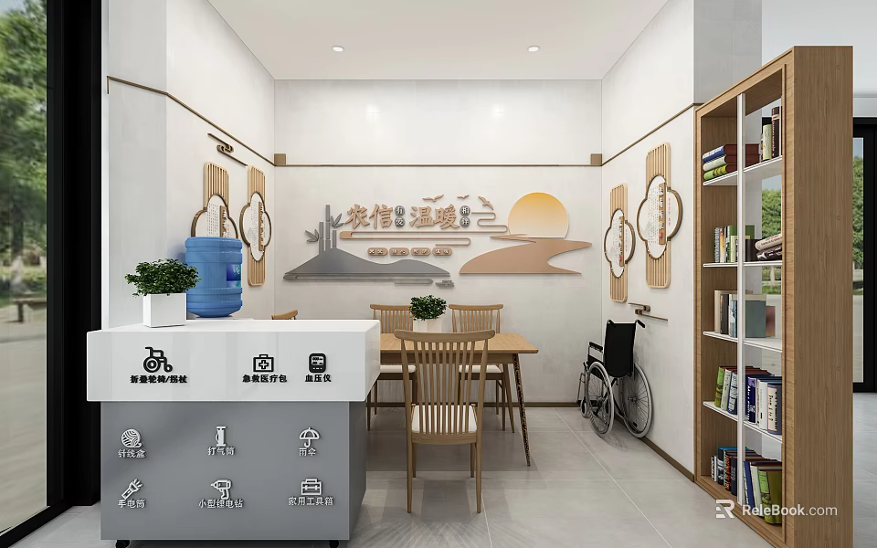 Public Service Hall With Service Counter Wooden Tables Chairs And Wheelchair Accessible Area 3d model 