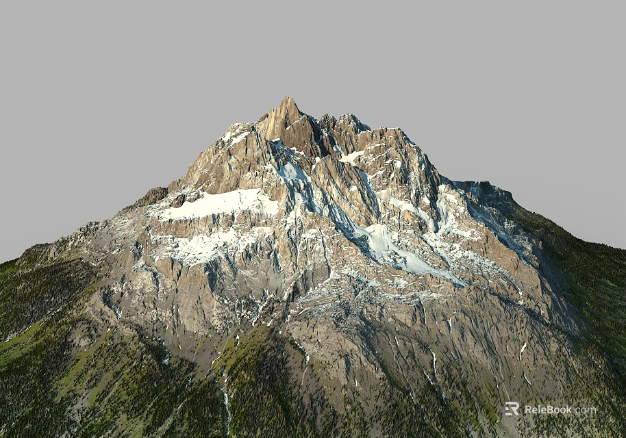 Mountain Terrain With Snow Covered Peaks Rocky Slopes And Green Vegetation 3d model 