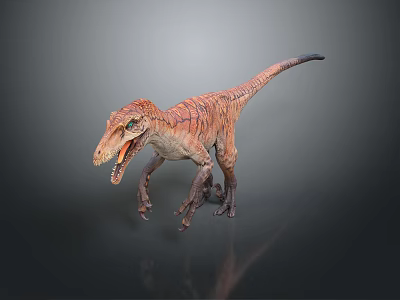 Velociraptor Dinosaur Character Model Standing With Open Mouth Green Eyes And Brown Striped Skin 3d model