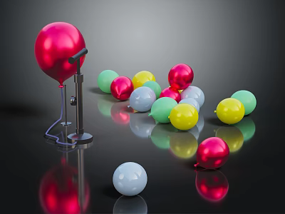 Shiny Colorful Balloons Display With Metal Pump And Multiple Colors On Dark Background 3d model