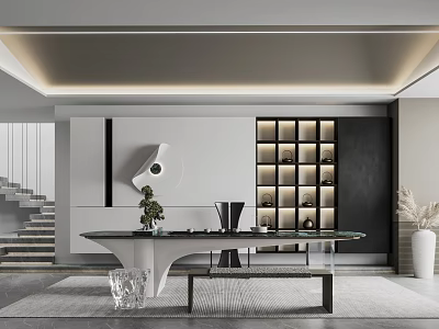 Modern Tea Room Interior Design With Open Layout Tea Table And Display Shelves 3d model
