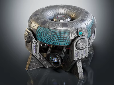 Futuristic Mechanical Device Featuring Circular Metallic Structure And Detailed Grid Pattern Control Panels 3d model