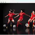 Women in red sportswear playing football against black background with energetic movements and soccer balls