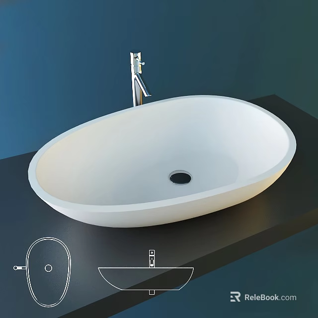 Modern White Oval Shaped Countertop Washbasin With Chrome Faucet On Dark Surface 3d model 