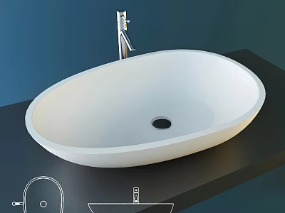 Modern White Oval Shaped Countertop Washbasin With Chrome Faucet On Dark Surface 3d model