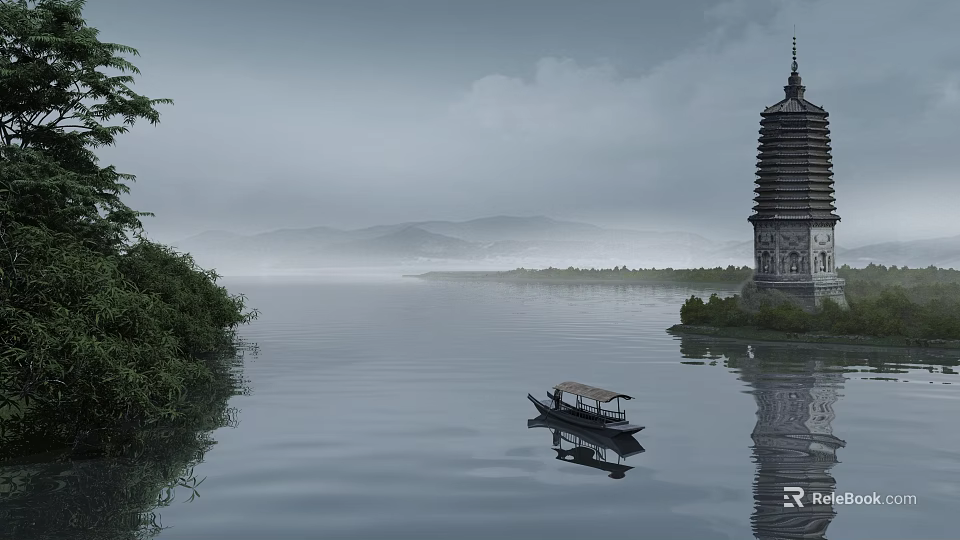 Serene Classical Garden Landscape With Calm Lake Boat Pagoda And Mountain View 3d model 