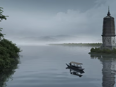 Serene Classical Garden Landscape With Calm Lake Boat Pagoda And Mountain View 3d model