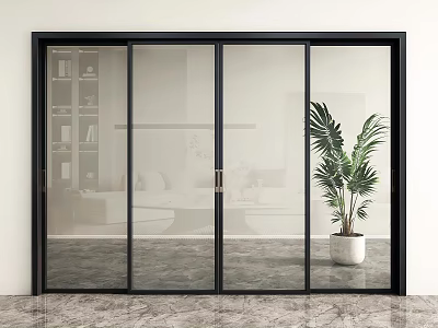 Black Frame Glass Sliding Doors for Modern Interior with Green Plant and Marble Floor 3d model