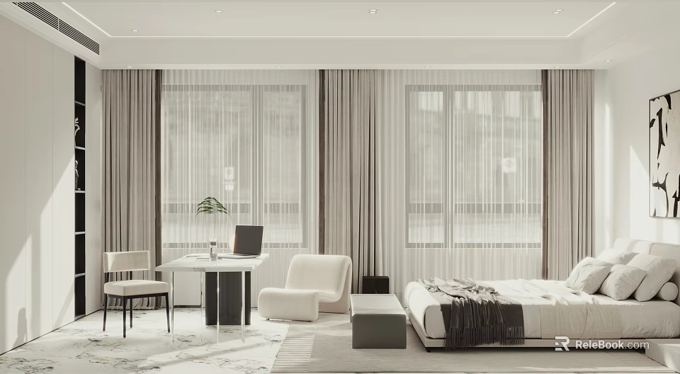 Modern Minimalist Bedroom Interior Design With Large Windows Beige Curtains White Armchair And Bed 3d model 