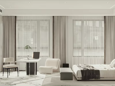 Modern Minimalist Bedroom Interior Design With Large Windows Beige Curtains White Armchair And Bed 3d model