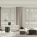 Modern Minimalist Bedroom Interior Design With Large Windows Beige Curtains White Armchair And Bed