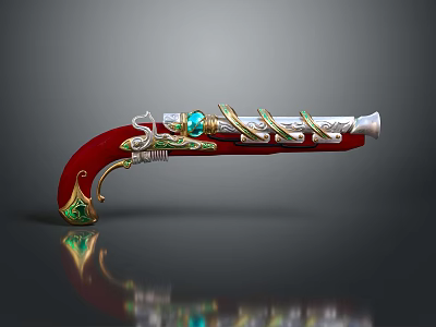 Ornate Vintage Pistol With Red Body Golden Decorations And Gemstone Accents 3d model Ornate Vintage Pistol With Red Body Golden Decorations And Gemstone Accents 3d model