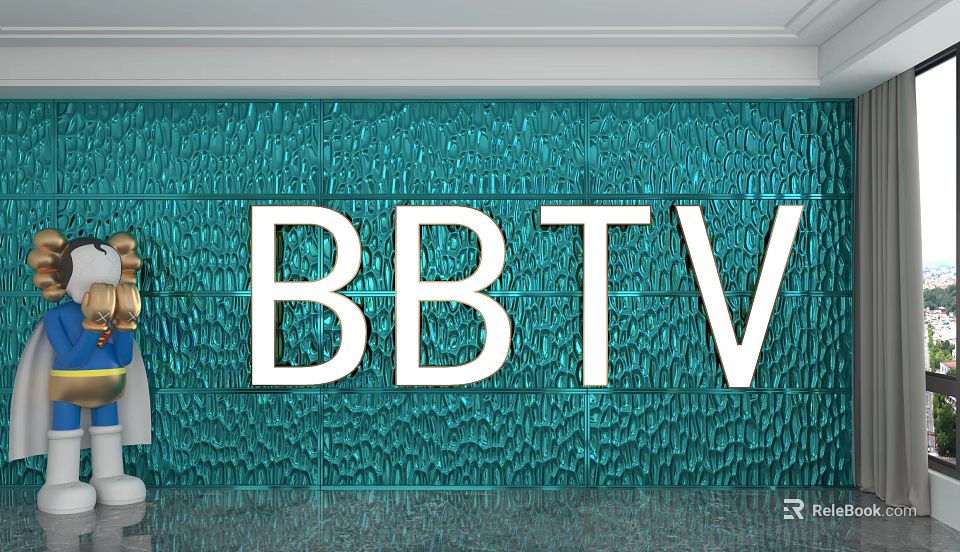 Elegant Green Wavy Textured Background Wall With Large White BBTV Letters 3d model