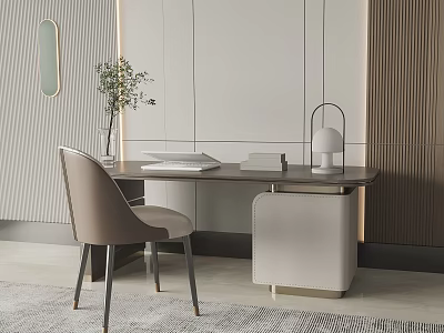 Modern Contemporary Desk Interior With Beige Chair White Lamp Books And Small Plant 3d model