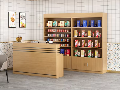 Wooden Bar Counter With Shelves Holding Colorful Packages White Tiled Walls And Decorative Paintings 3d model