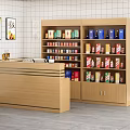 Wooden Bar Counter With Shelves Holding Colorful Packages White Tiled Walls And Decorative Paintings