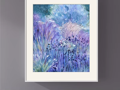 Watercolor Botanical Painting With Purple Blue Grass Flowers In White Frame 3d model