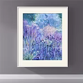 Watercolor Botanical Painting With Purple Blue Grass Flowers In White Frame