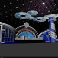 Modern Exhibition Reception Desk Design With LED Lighting Digital Screens And Blue Accents