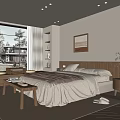 Cozy Modern Bedroom Interior Featuring Beige Bedding Wooden Nightstand Large Window Natural Light And Rug
