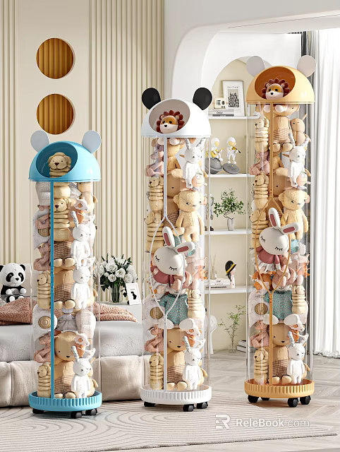 Transparent Storage Baskets with Cute Cartoon Tops for Plush Toys 3d model 