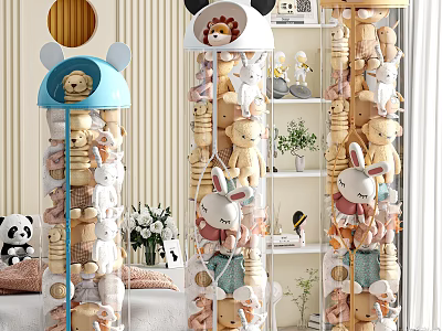 Transparent Storage Baskets with Cute Cartoon Tops for Plush Toys 3d model