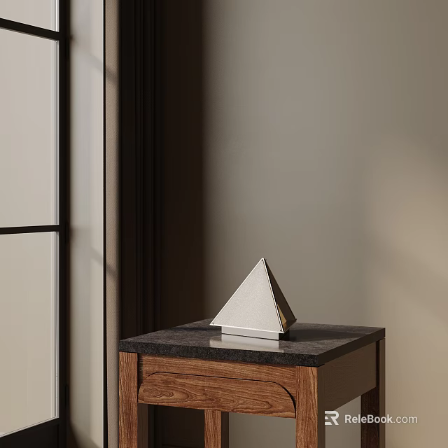 Pyramid Shaped Table Lamp On Dark Marble Countertop Of Wooden Side Cabinet With Light Wall 3d model 