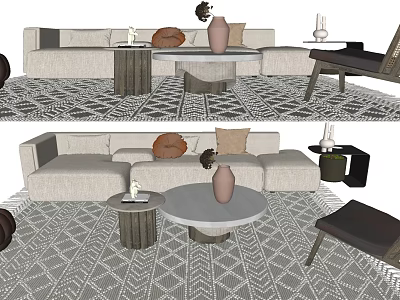 Modern Sofa And Coffee Table Set With Decorative Pillows Vase And Patterned Rug 3d model