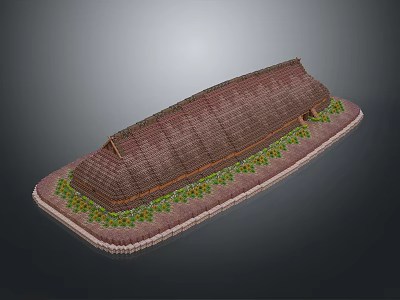 Long Building Model With Brown Roof And Green Yellow Plants On Light Base 3d model
