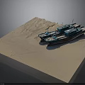 Work Boat On Sand Ground With Crane And Deck Equipment