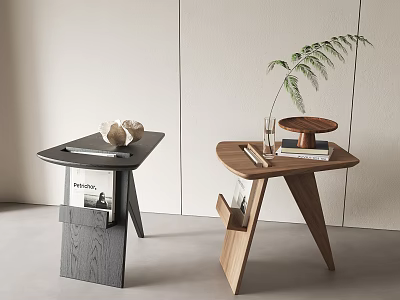 Modern Stylish Wooden Side Tables with Books Magazines and Leafy Plant Decor 3d model