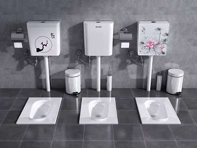 Squat Toilets With Decorative Water Tanks Trash Bins And Brushes In Gray Bathroom 3d model