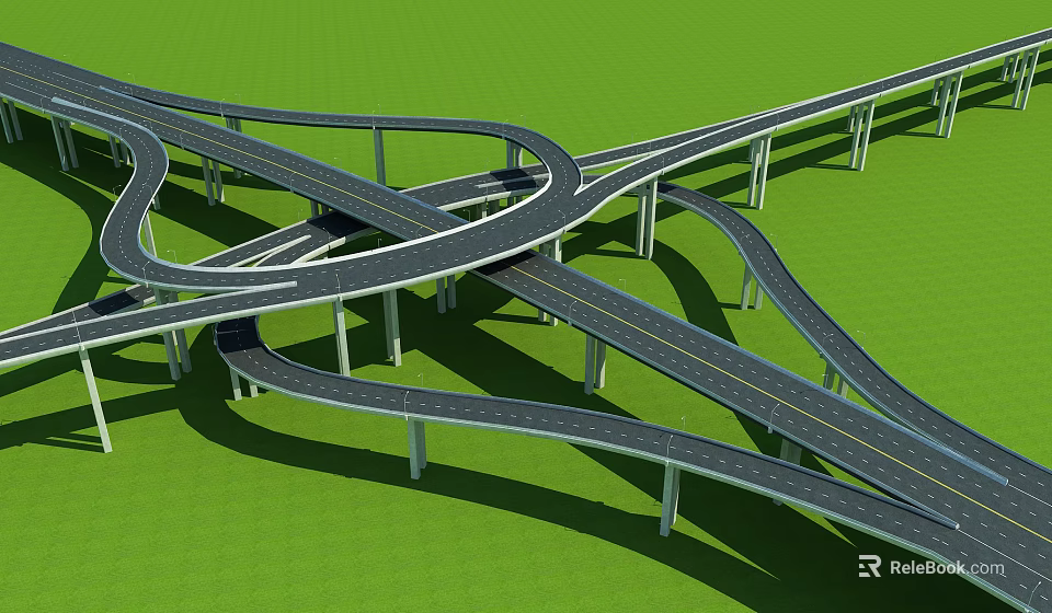 Road Infrastructure Complex Highway Interchange With Multiple Curved Lanes Supporting Pillars And Green Grass Background 3d model 