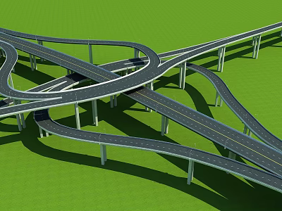 Road Infrastructure Complex Highway Interchange With Multiple Curved Lanes Supporting Pillars And Green Grass Background 3d model