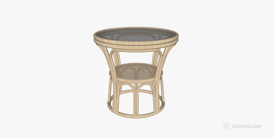 Natural Rattan Round Side Table With Glass Top And Woven Design Structure 3d model 