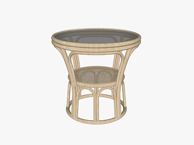 Natural Rattan Round Side Table With Glass Top And Woven Design Structure 3d model