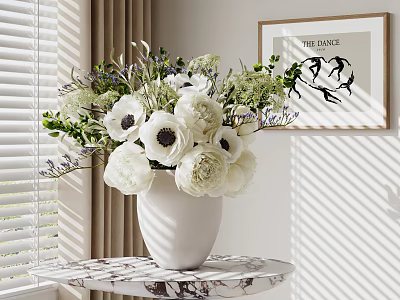 Decorative Ornament Set With White Flowers Dark Centers Green Plants White Vase And Marble Tabletop 3d model
