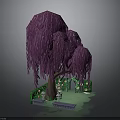 Purple Weeping Willow Tree with Green Grass Small Flowers Lamp Posts and Small Platform