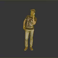 Man Talking on Phone in Dark T-Shirt and Light Pants Carrying Backpack Against Gray Background