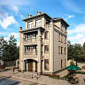 Classic European Detached Villa Exterior Design with Beige Facade Balcony and Garden Surrounded by Trees
