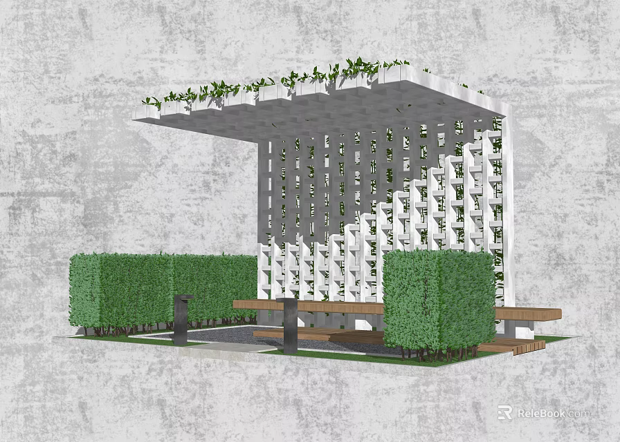 White Perforated Pergola With Green Plants On Top Wooden Benches And Green Hedges 3d model 