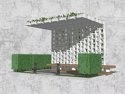 White Perforated Pergola With Green Plants On Top Wooden Benches And Green Hedges 3d model