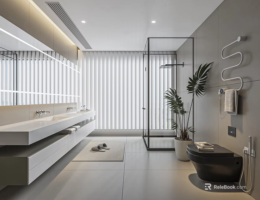 Modern Bathroom Interior With Large Mirror Double Sink Vanity Glass Shower And Potted Plant 3d model 