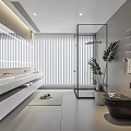 Modern Bathroom Interior With Large Mirror Double Sink Vanity Glass Shower And Potted Plant