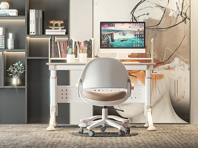 Modern Desk And Chair Set For Home Office Workspace With Computer Monitor Books And Decorations 3d model