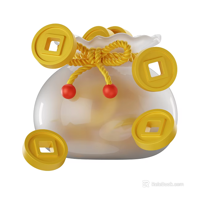 White Decorative Household Bag With Yellow String Red Beads And Yellow Coins 3d model 