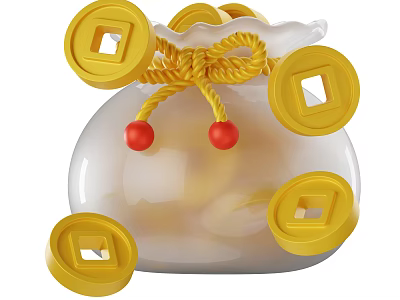 White Decorative Household Bag With Yellow String Red Beads And Yellow Coins 3d model