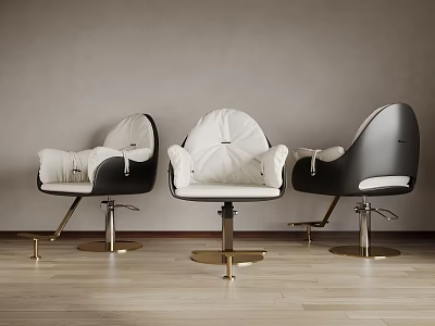 Three Modern Black And White Massage Chairs Featuring Gold Base Gray Wall And Wooden Floor 3d model